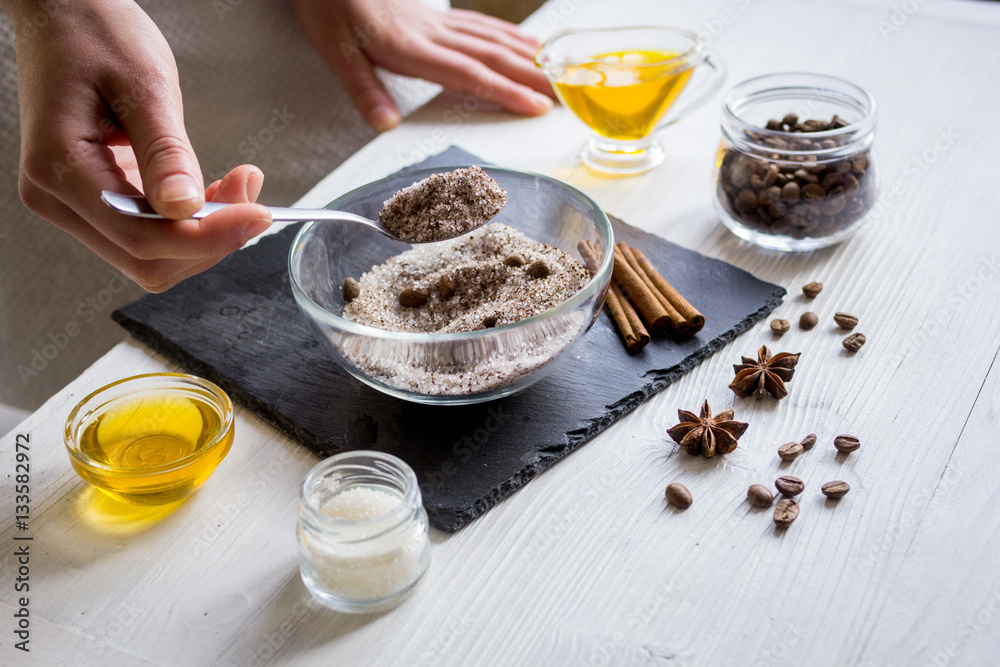 making organic scrub handmade at home with hands making organic scrub handmade at home with hands