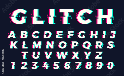 Vector distorted glitch font. Trendy style lettering typeface.