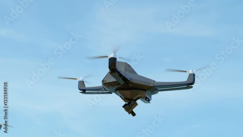 Swarm of security drones with search light flying in the sky. 3D rendering animation.