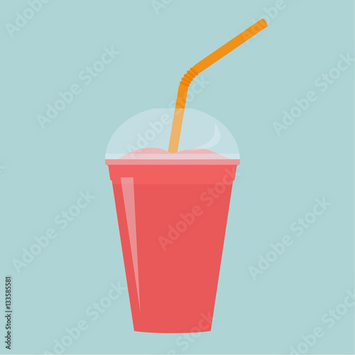 Pink strawberry, blueberry and raspberry smoothie in red cup with straw. Smoothie to go. Vector illustration