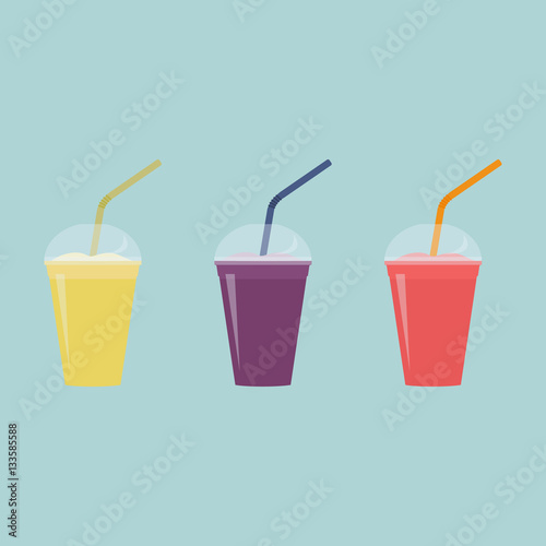 Smoothie fresh fruit shake in plastic cups with straws set. Vector illustration