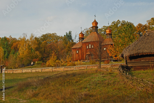 Authentic Ukrainian wooden church, ethnic village museum 