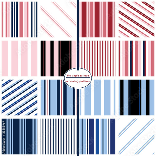Red, white and blue stripe vector pattern set. Modern stripe background. Collection of 16 vertical, horizontal and diagonal patterns. EPS file includes pattern swatch tiles. 