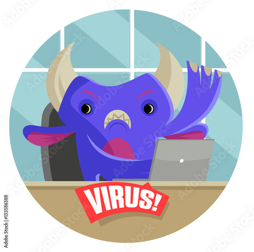 angry horned monster virus with computer
