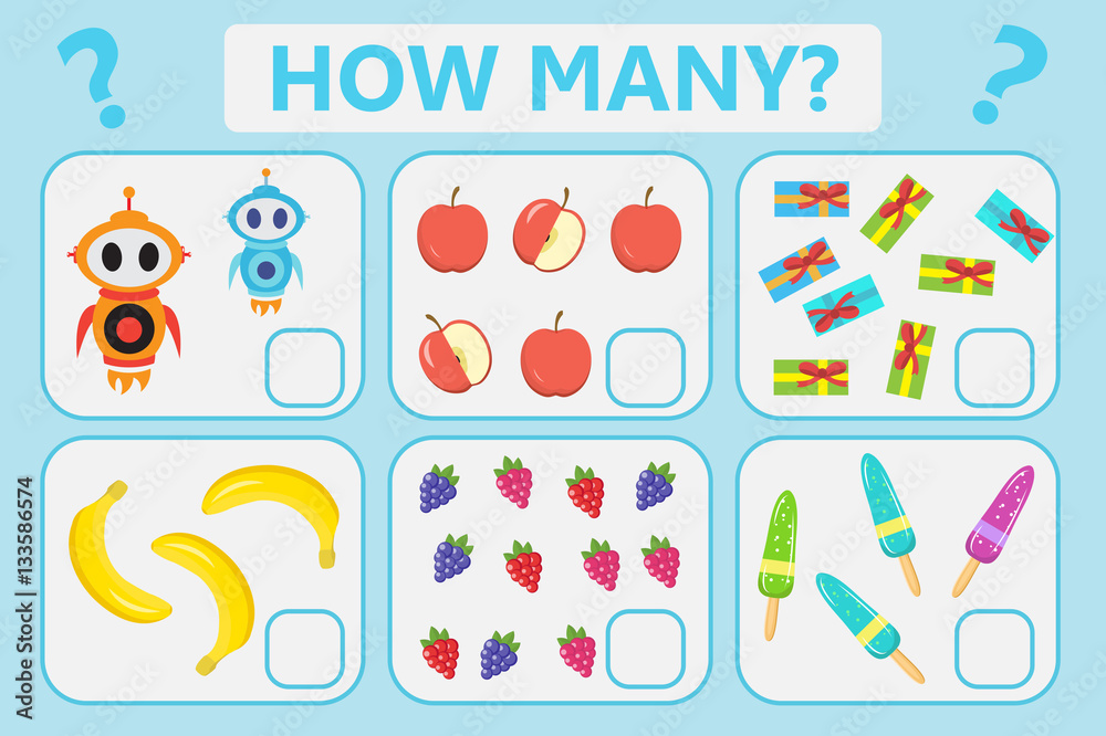 Childrens educational logic game. Mathematical task. How many. Vector illustration