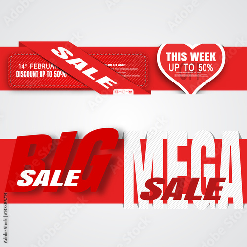 Vector set of holiday red and white sale banners different shape with shadow put on the red paper stripe.