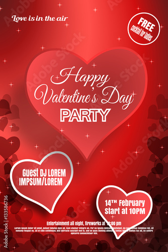 Vector Happy Valentine's Day night party poster on the gradient red background with paper hearts.