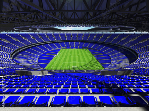 Beautiful modern round football - soccer stadium with blue seats for hundred thousand spectators