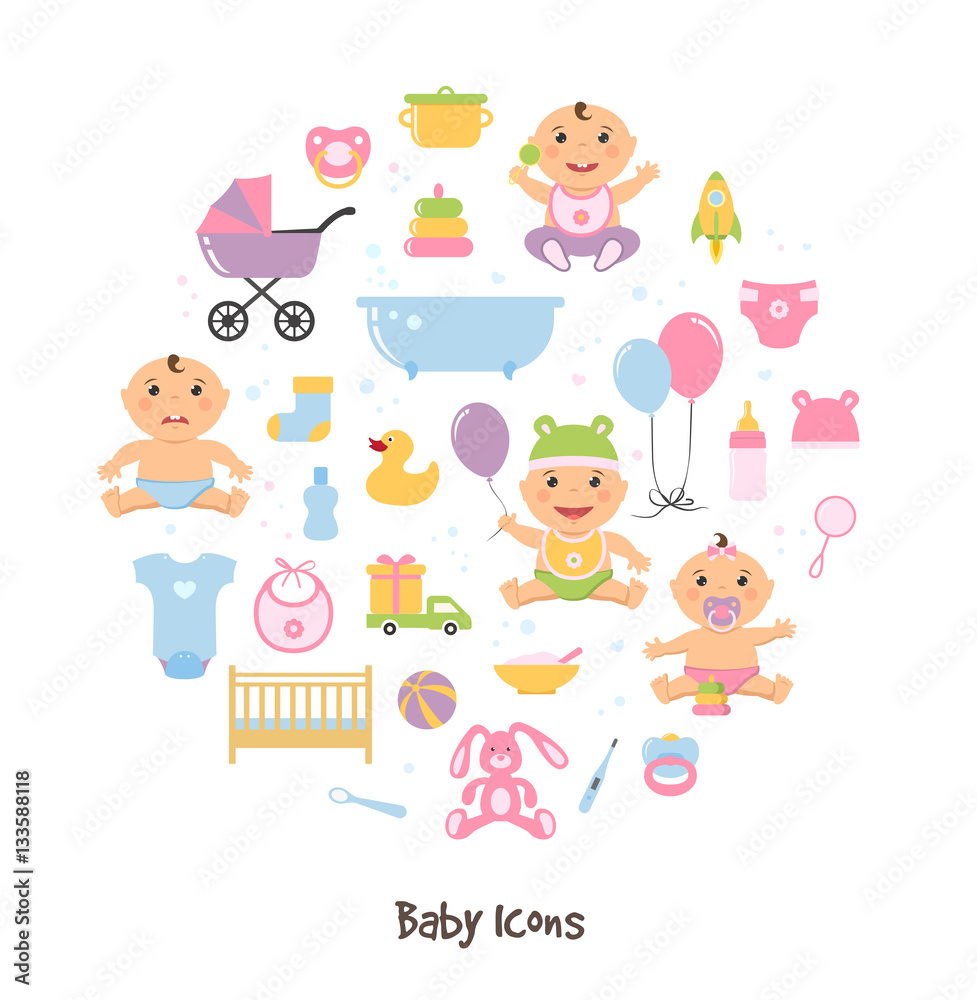Vector baby icons set and funny cute sitting babies Vector baby icons set and funny cute sitting babies