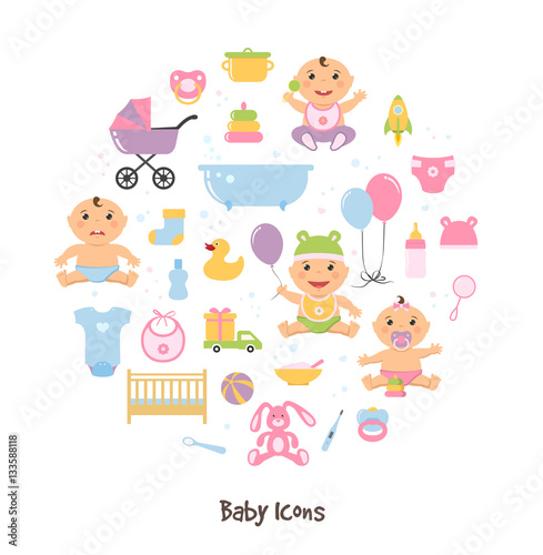 Vector baby icons set and funny cute sitting babies