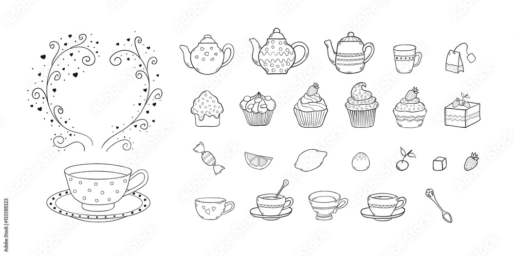 Hand drawn doodle cartoon illustration set with tea objects and symbols. Tea, teapot, cups, sweets and pastry in sketch style. Elements for design