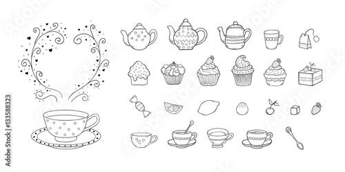 Hand drawn doodle cartoon illustration set with tea objects and symbols. Tea, teapot, cups, sweets and pastry in sketch style. Elements for design © edel28