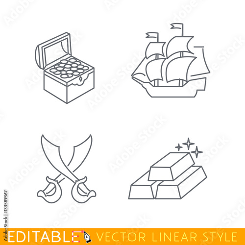 Treasure, sailor ship, pirate swords, gold bullion. Editable line icon set. Stock vector illustration.