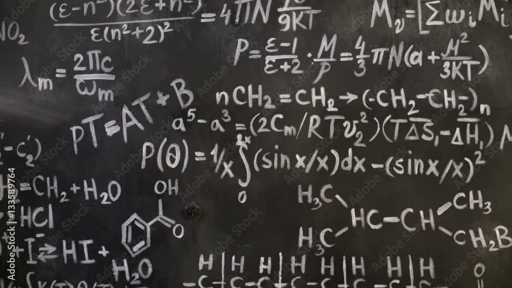 Chemical and mathematical equations wall room background focused and defocused action Chemical and mathematical equations wall room background focused and defocused action