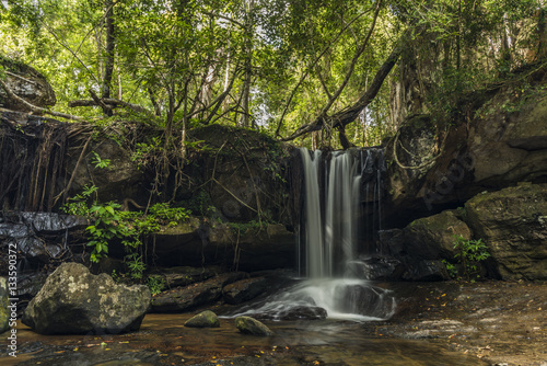 Kbal Spean waterfall in Cambodia mountains photo