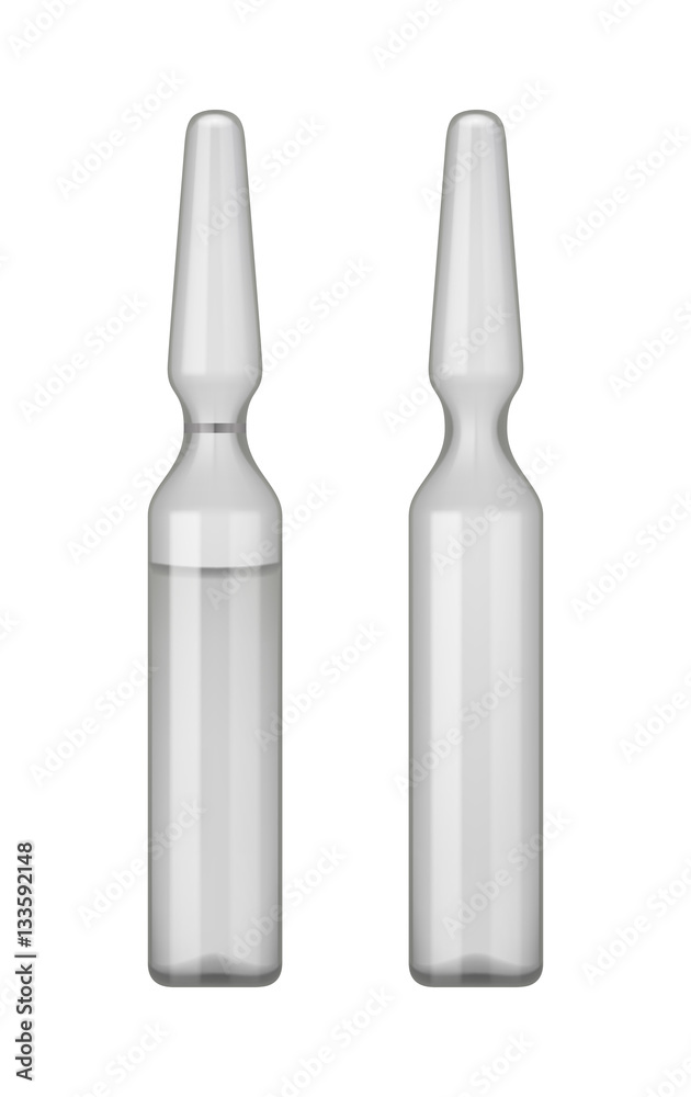 Empty transparent glass ampule with vaccine or drug for medical
