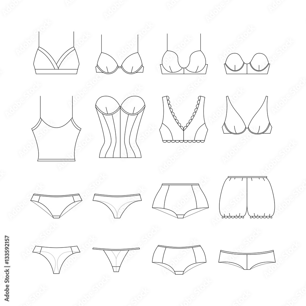 Fashion female underwear icons. Feminine lacy clothes: bra and panties.  Sexy lingerie with lace for lady, different types of briefs and brassiere.  Vector illustrations in thin line style. Stock Vector | Adobe