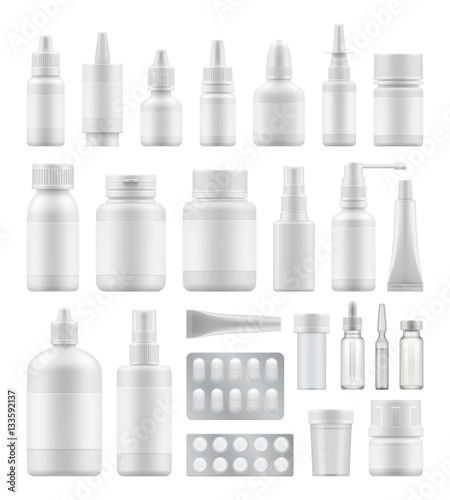 3d blank pharmaceutical packs: blister of pill and capsules, tube, container for tablet, bottle for drugs. Vector mock-up of clean white plastic packaging for medicament. Set for package design.