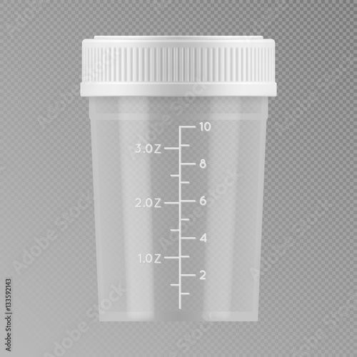 Vector sterile plastic container for medical analyzes. Blank template of clear empty transparent jar for urine or liquid for laboratory analysis. Realistic 3d mock-up isolated on grey background