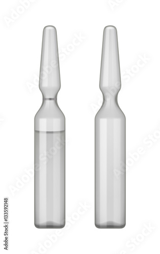 Empty transparent glass ampule with vaccine or drug for medical treatment. Realistic 3d mock-up of ampoule with medicament for injection. Blank template of vial with cap. Vector isolated on background