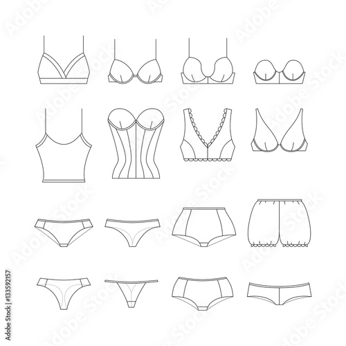 Fashion female underwear icons. Feminine lacy clothes: bra and panties. Sexy lingerie with lace for lady, different types of briefs and brassiere. Vector illustrations in thin line style.