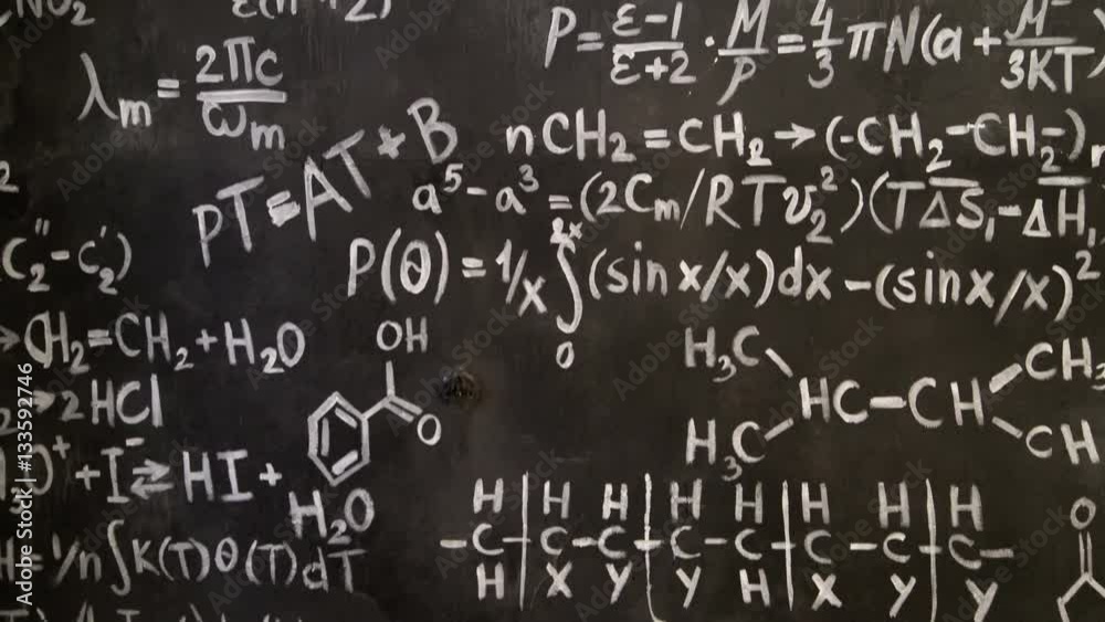 Chemical and mathematical equations wall room background focused and defocused action Chemical and mathematical equations wall room background focused and defocused action