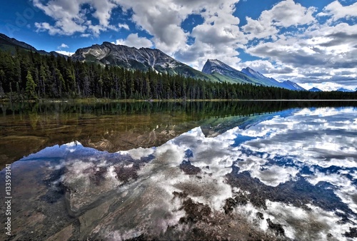 Lake with clear water, mountains and reflections. Honeymoon lake. Jasper National Park. Canadian Rocky Mountains. Alberta. Canada. 