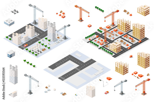 Fototapeta Naklejka Na Ścianę i Meble -  Flat 3d architectural set isometric creative planning, web infographic vector. Skyscraper building sketch plan construction place builders crane process. Kit of lorry, business, innovation concept.