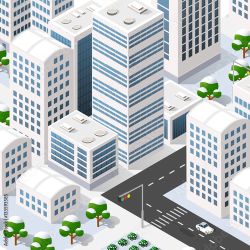Megapolis 3d isometric three-dimensional view of the city. Collection of houses, skyscrapers, buildings, built and supermarkets with streets and traffic. The stock vector