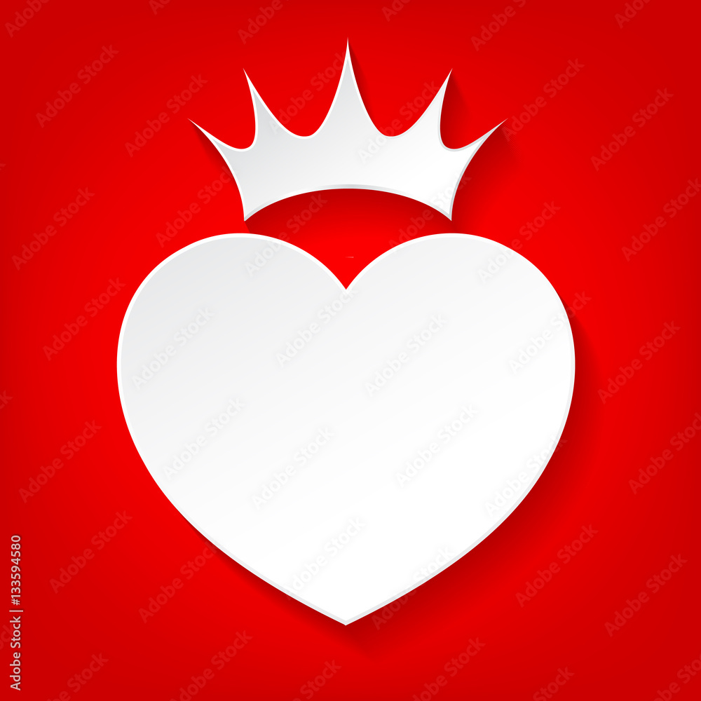 White heart with crown. icon graphic design, illustration on red background.