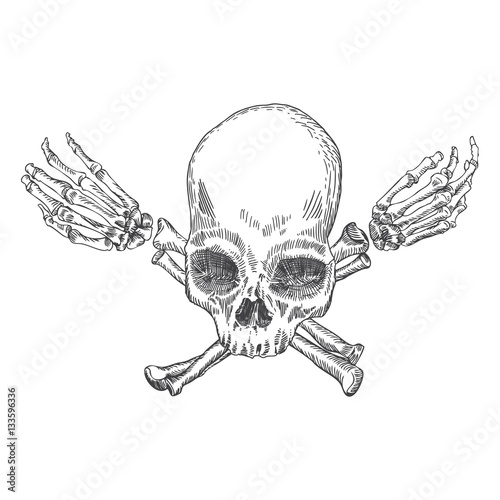 Skull and crossbones made of hands with gestures. Handmade detailed drawing. Vector illustration.