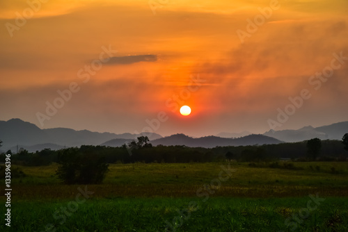 Homegrown vegetable and mountain view with sunset sky nature landscape background.  
