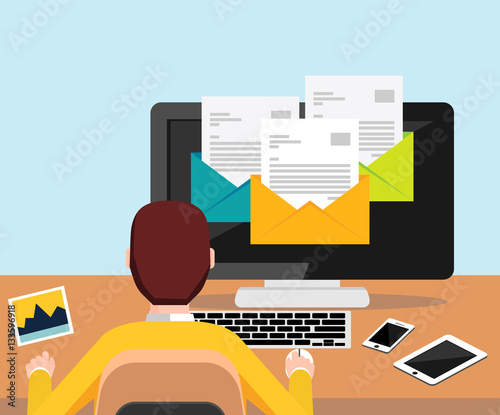 Person reading email on desktop illustration for web banner , web element , web template , or infographics