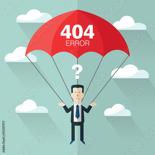 Business man with parachute. Page not found, 404 error. Concept of businessman fail