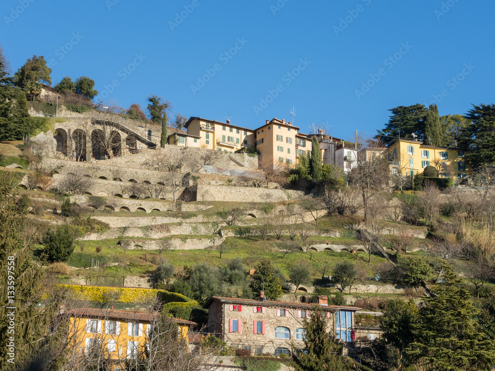 Bergamo - Old city (Citta Alta). One of the beautiful city in Italy. Lombardia. Landscape of dry stone walls and terraces situated in the hills surrounding the old city.