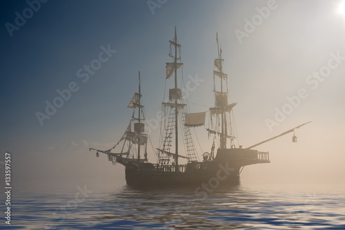 Ghost pirate ship in the fog 