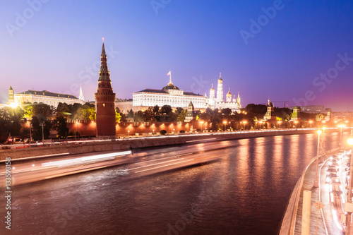 Kremlin Embankment in the blue hour. Grand Kremlin Palace