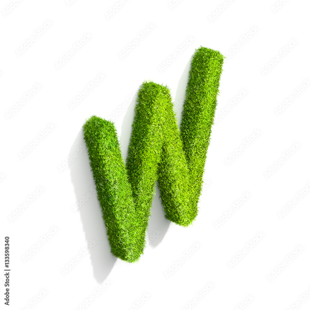 Grass letter W in uppercase format from isometric angle with shadow on ground. Grass letter W in uppercase format from isometric angle with shadow on ground.