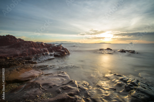 sunrise twilight with stone at Kung-krabaen beach , Chantaburi