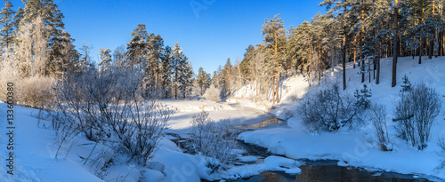 утренний весенний пейзаж с лесом на берегу реки, Россия, Урал