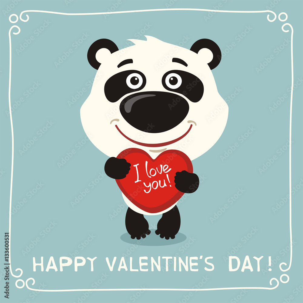 Plakat Happy Valentine's Day! I Love You! Funny panda bear with heart in hands. Happy valentines day card with panda bear in cartoon style.