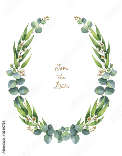 Watercolor wreath with green eucalyptus leaves and branches.