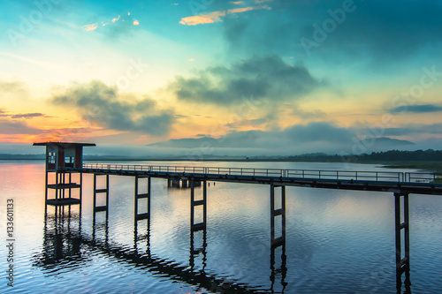Beautiful morning landscape Pier Bang Phra Reservoir Chonburi, Thailand.