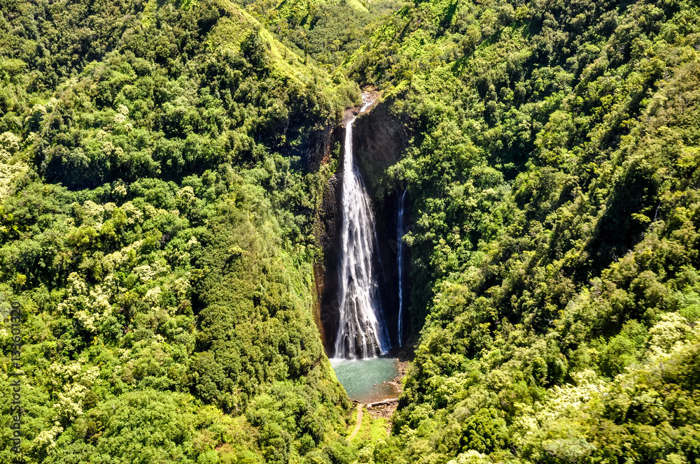 Fototapeta premium Stunning aerial view of Manawaiopuna Falls, two waterfalls also known as Jurassic Waterfalls as they appeared on the famous fim Jurassic Park. Located in Hanapepe Valley, Kauai, Hawaii, USA.