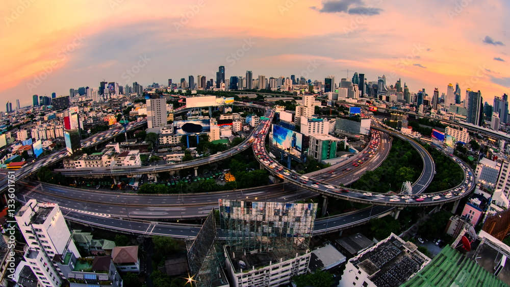 Aerial view of Bangkok city, Night scene with traffic light, Thailand