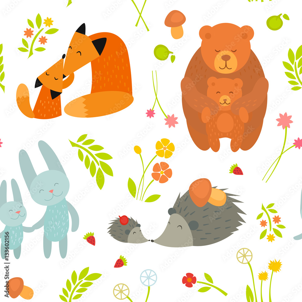 Cartoon pattern with Animals Parent with Baby Mother's Day Cards. Brightly  colored childish animals. Mothers and children. Cute foxes, bears, rabbits  and hedgehogs Stock Vector | Adobe Stock