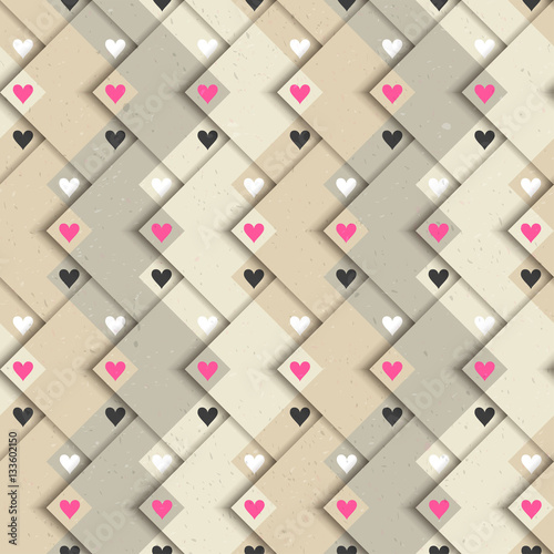 Seamless vector pattern. Sheets of gray and beige cardboard with small hearts lie on each other. Concept for Valentine's Day or wedding.