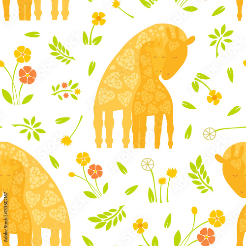 Cartoon pattern with Animals Parent with Baby Mother s Day Cards. Brightly colored childish animals. Mothers and children. Cute giraffes