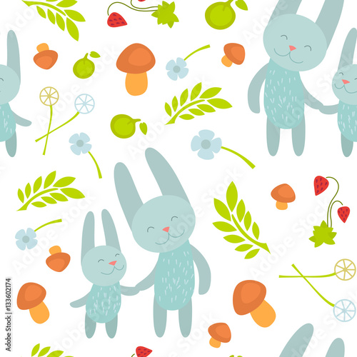 Cartoon pattern with Animals Parent with Baby Mother's Day Cards. Brightly colored childish animals. Mothers and children. Cute rabbits