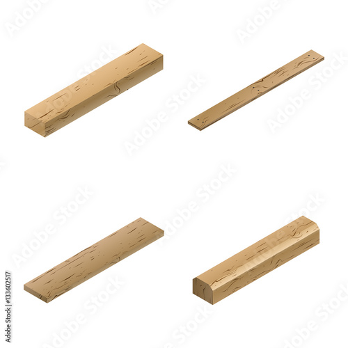 Set of wooden elements in isometric, vector illustration.